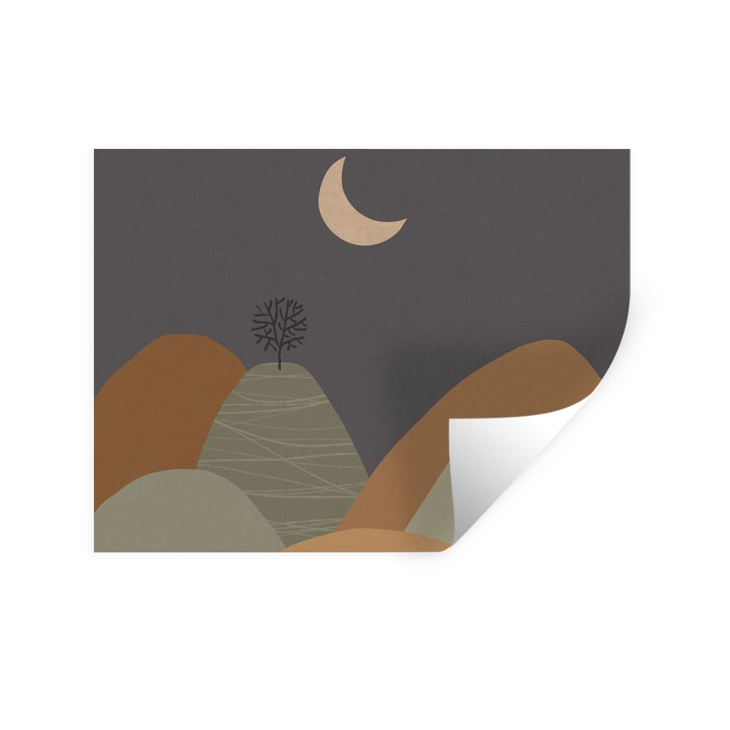 MuchoWow Wandtattoo Wandsticker Wandaufkleber Berg - Baum - Mond - Pastell 40x30 cm Selbstklebend und Repositionierbar - Faltenfrei