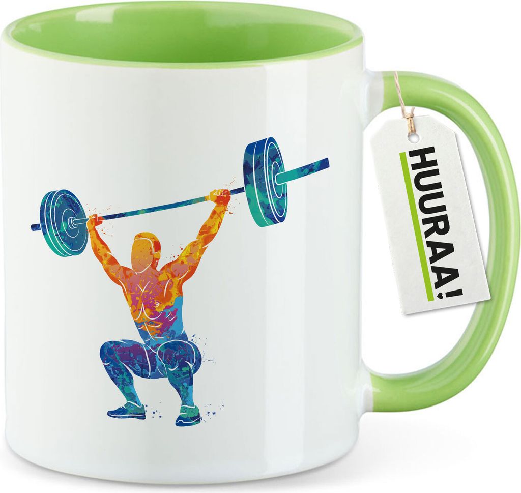 Huuraa Kaffeetasse Gewichtheber Powerlift bunte Silhouette 330ml Grün Keramik Kaffeebecher Geschenkidee
