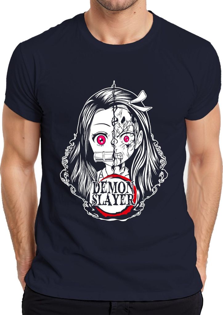 Demon Slayer Nezuko gespaltenes Gesicht Anime Horror Pink Augen Herren T-Shirt, Navy, S