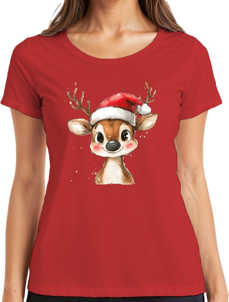 Rentier Weihnachten Aquarell süß Kinder Geschenk Niedlich Vintage Damen T-Shirt, Rot, XL