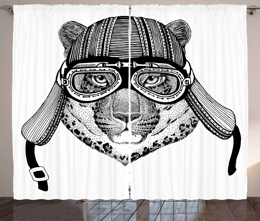 ABAKUHAUS Jaguar Tenda rustica, Hipster Cat Design moderno, Tenda con passanti e ganci per camera da letto, 280 x 245 cm, Bianco Nero