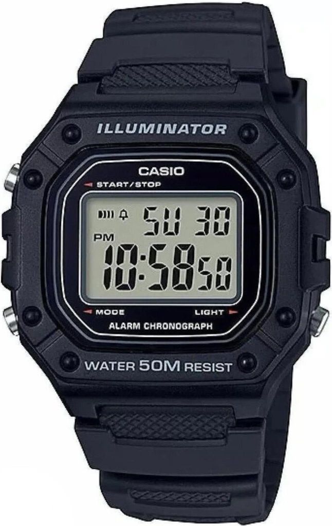 A black Casio digital watch is shown against a white background.