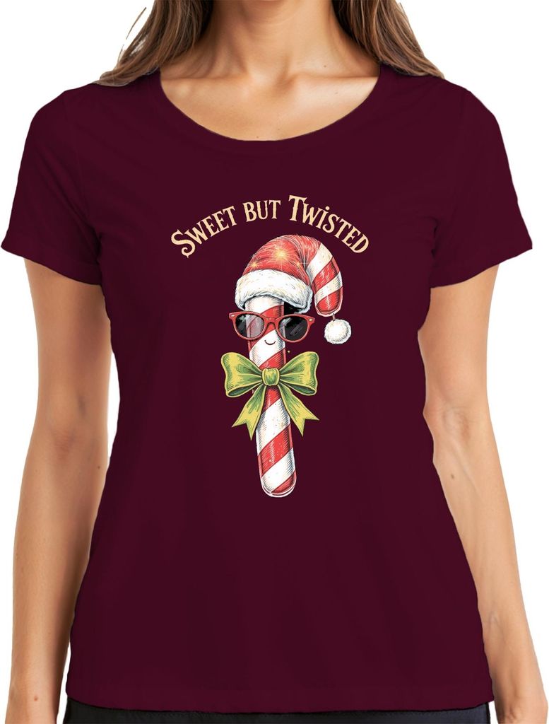 Sweet But Twisted Candy Cane Santa Hat Sunglasses Bow Weihnachten Damen T-Shirt, Burgundy, M