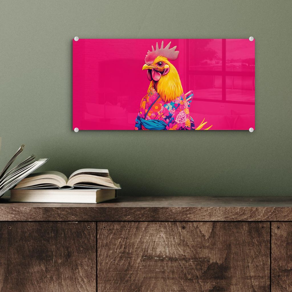 MuchoWow Glasbilder - Bilder auf Wandbild - Foto auf Glas Hahn - Bunt - Kimono - Rosa 40x20 cm Wanddekoration aus Glas - Acrylglasbild - Acrylbilde...