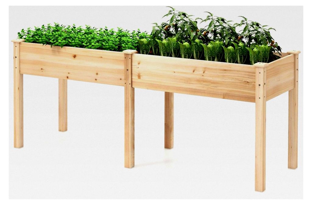 Hochbeet aus Holz mit 8 Abflusslöchern, erhöhtes Gartenbeet mit Trennwand, Pflanzkasten aus Tannenholz für Gemüse, Blumen und Früchte, 184 x 5...