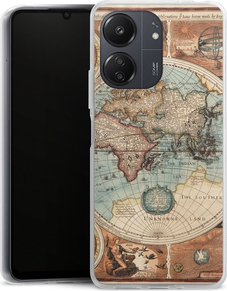 DeinDesign Handyhülle für Xiaomi Redmi 13C 4G Silikon Hülle Case Smartphone Schutzhülle Landkarte Vintage Weltkarte