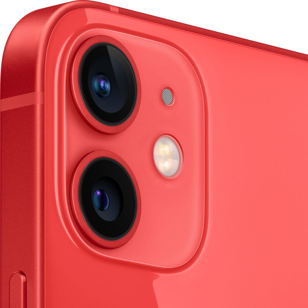 A close-up view of the rear camera module of a red iPhone 12 mini.