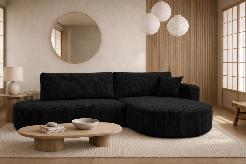 Kaiser Möbel Ecksofa mit Schlaffunktion und Bettkasten, Cordstoff Poso, Schwarz, Rechts, ROUND ONE OPEN XL