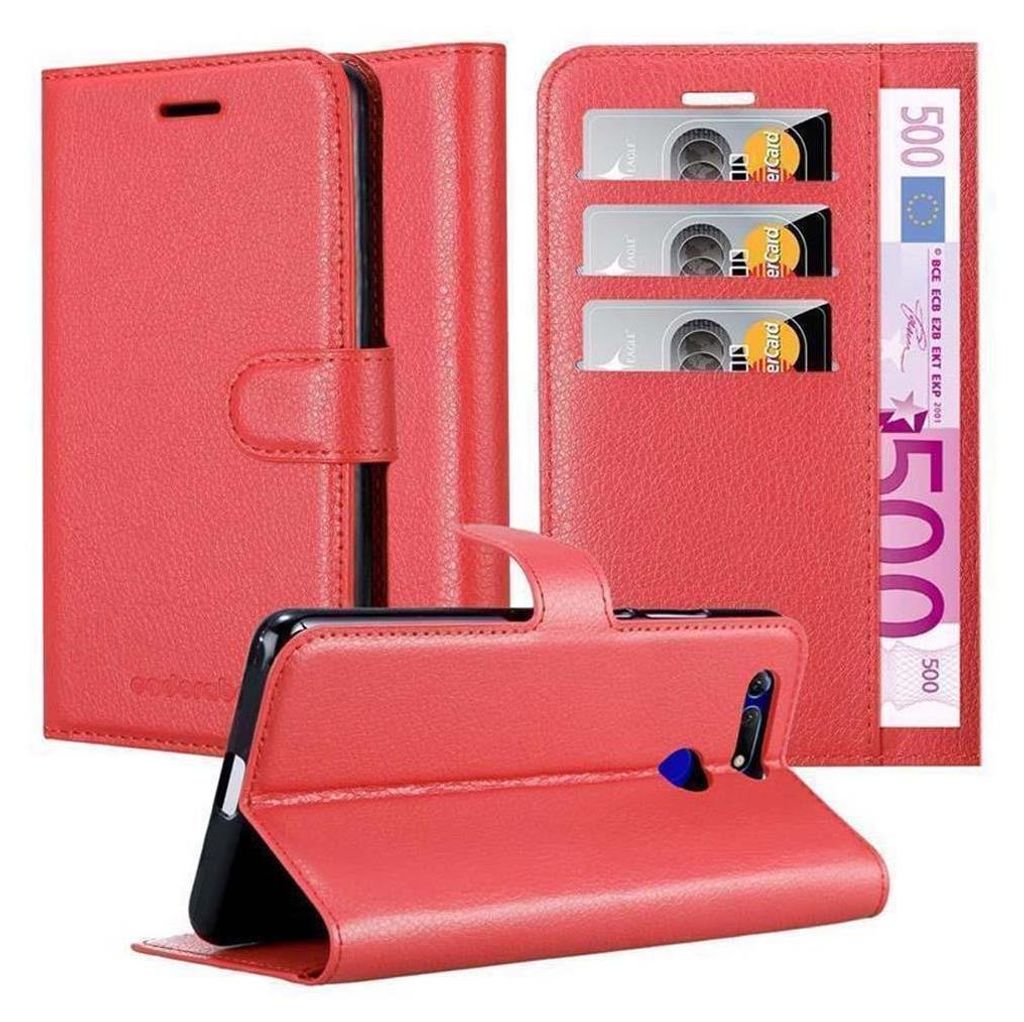 A collage of a red smartphone flip case, showing different angles and features.