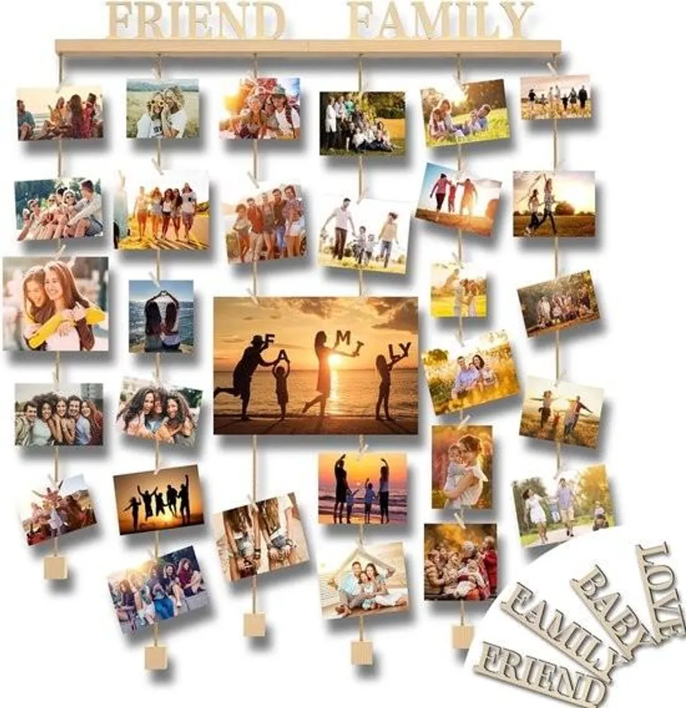 Pêle-Mêle Photo Mural Suspendu en Bois Rustique pour Déco Multi Photos
