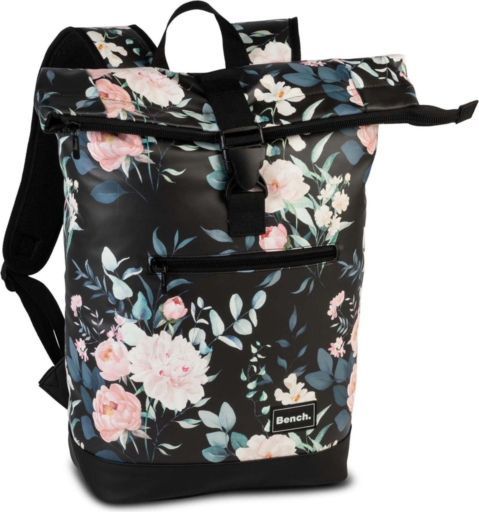 A roll-top backpack with a floral pattern.