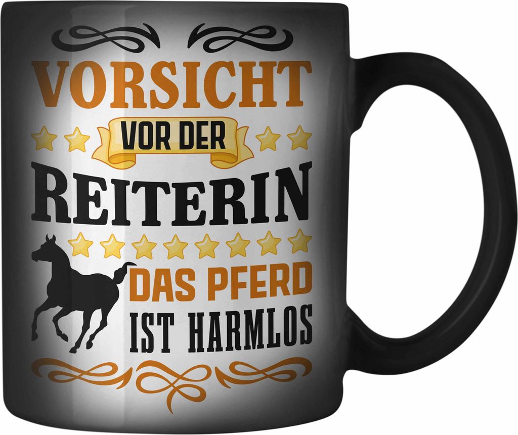 Trendation - Reiterin Mädchen Pferde Geschenk Farbwechsel Zauber-Tasse Reiten Reiterin Kinder Becher Spruch Lustig Geburtstag (Schwarz)