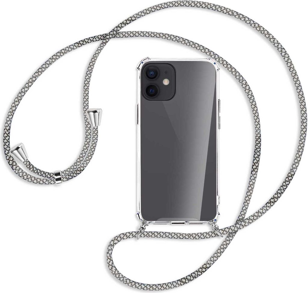 Handykette Backcover-Schutzhülle mit Band (Metall silberfarben) für Apple iPhone 12 Mini - weiß/grau kariert
