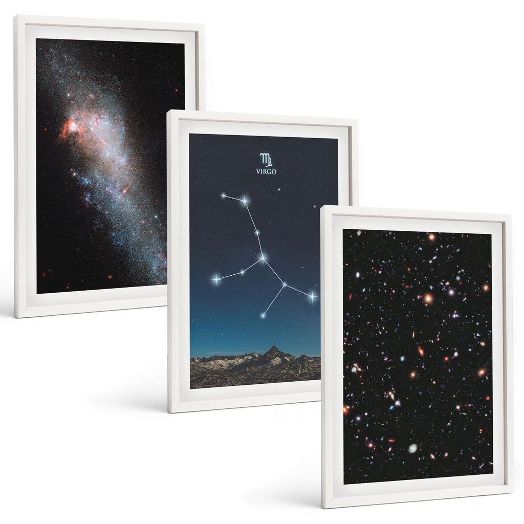 Bilder Set 3-teilig im weißen Rahmen – Wandbilder 3 Stück – gerahmte Poster für Wohnzimmer, Schlafzimmer und Flur – 40x60 cm – Galaxie i...