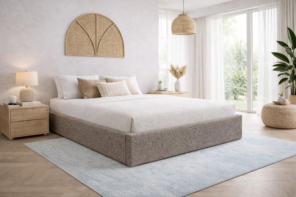 Angelo | Polsterbett - 180x200 cm - Doppelbett Beige - mit Bettkasten und Gasdruckfedern - mit Lattenrost - Belüfteter Stauraum - ROMA