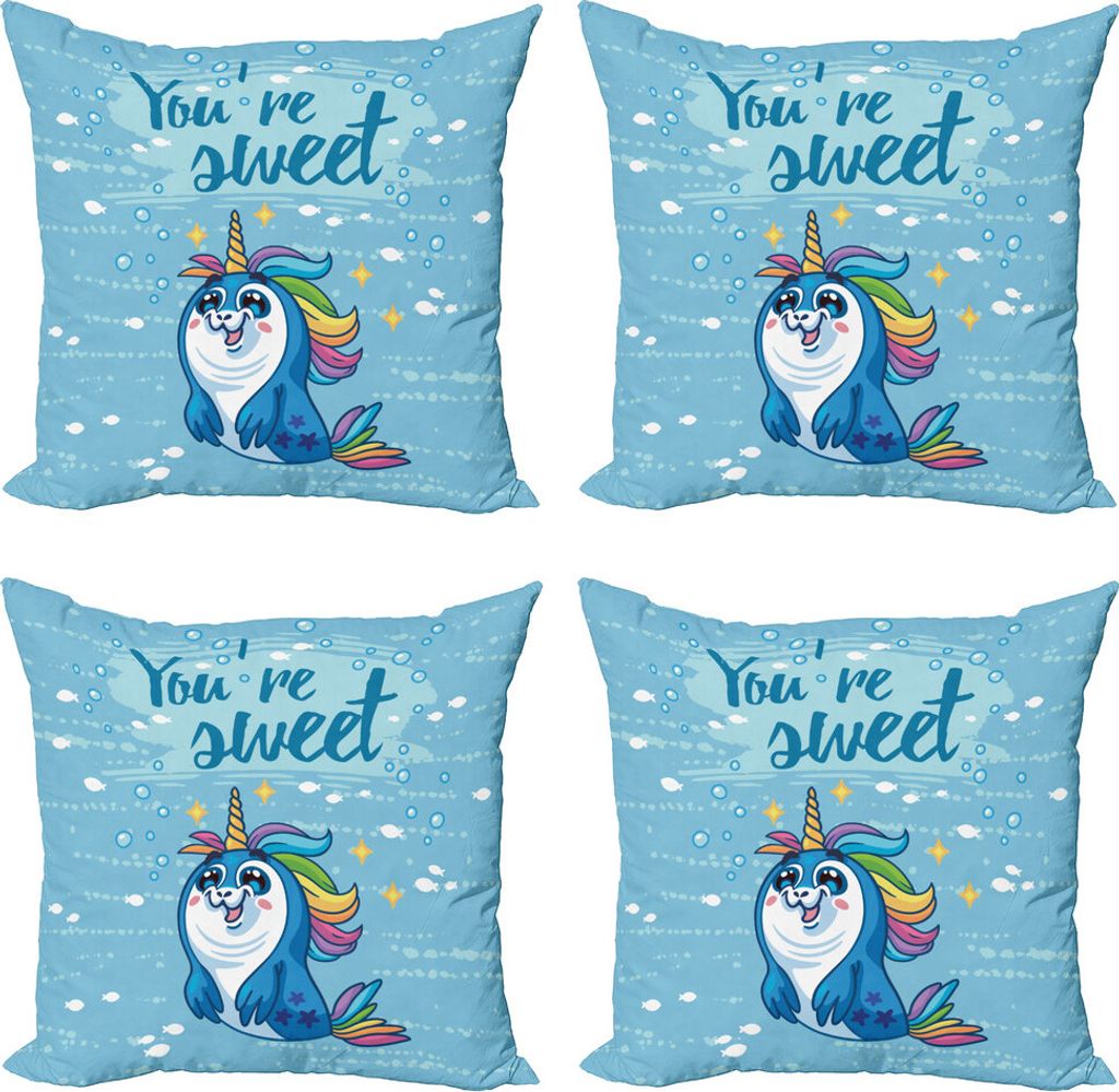 ABAKUHAUS Einhorn Kissenbezug Set (4 Stück), Pinguin und Meer, Moderner Doppelseitiger Digitaldruck, 40 cm x 40 cm, Blau