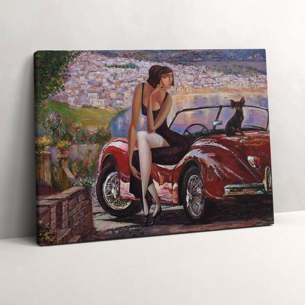 Retro-Auto und Frau mit Hund auf dem Auto – Leinwandbild Wandbild – 80x60 cm – Leinwandbilder – Wandbilder – Schlafzimmer – Flur