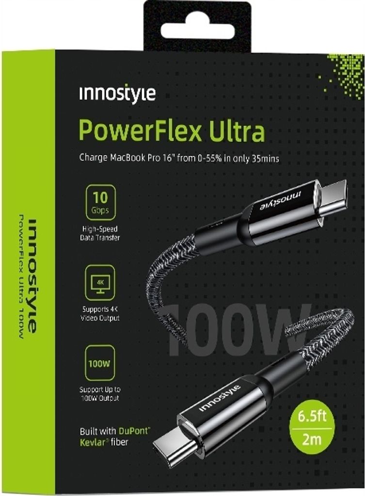 Innostyle Powerflex Ultra Kabel Usb-C Schnellladung Thunderbolt 10Gbps 100W Polyamid 2M Schwarz