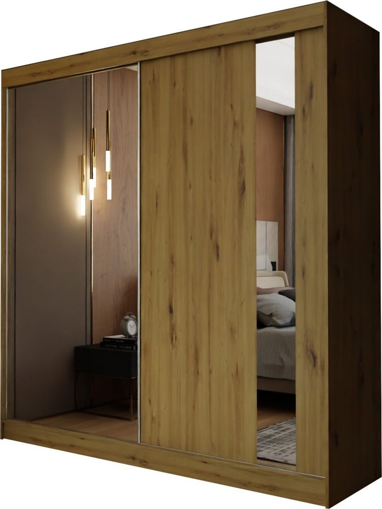 Masseno Schiebetürenschrank GRAZIA 200 cm Kleiderschrank Schlafzimmer Schrank 2-türig mit Spiegel Eiche Artisan