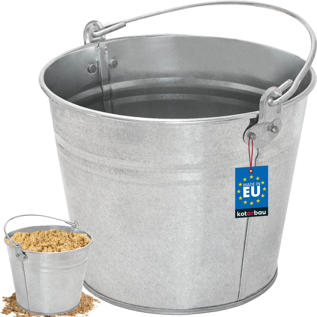 A galvanized metal bucket with a handle, and a smaller bucket filled with sand in the foreground.
