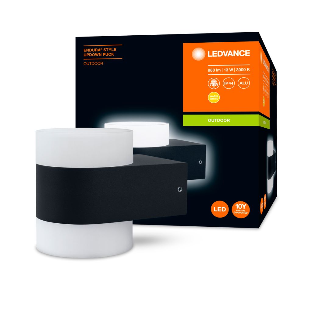A product shot of an outdoor wall light and its packaging.