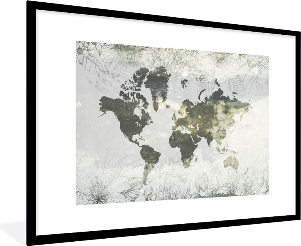 MuchoWow® MuchoWow® Gerahmtes Poster Weltkarte - Blumen - Produktbild 
