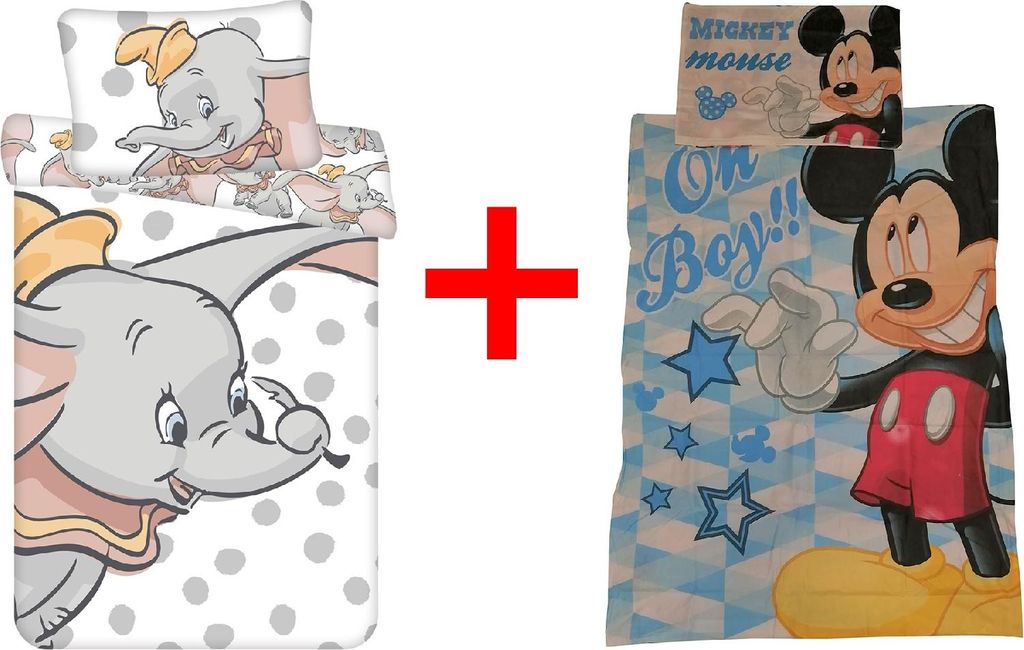 Disney Dumbo Micky Maus Babybettwäsche, Kinderbettwäsche, Bettdecke 100 x 135 cm + Kopfkissen 40 x 60 cm, 100% Baumwolle, 2er Geschenk-Set