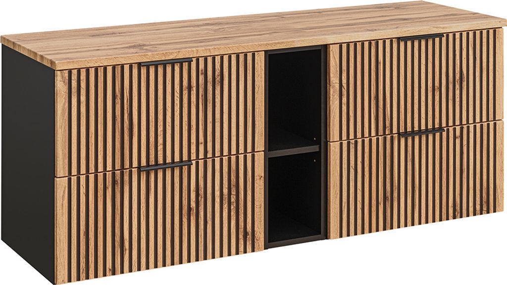 Waschbeckenunterschrank 140 cm mit Regal XANTEN-56 in anthrazit mit Eiche Nb. schwarz gerillt, B/H/T: ca. 140,6/59,2/46,5 cm
