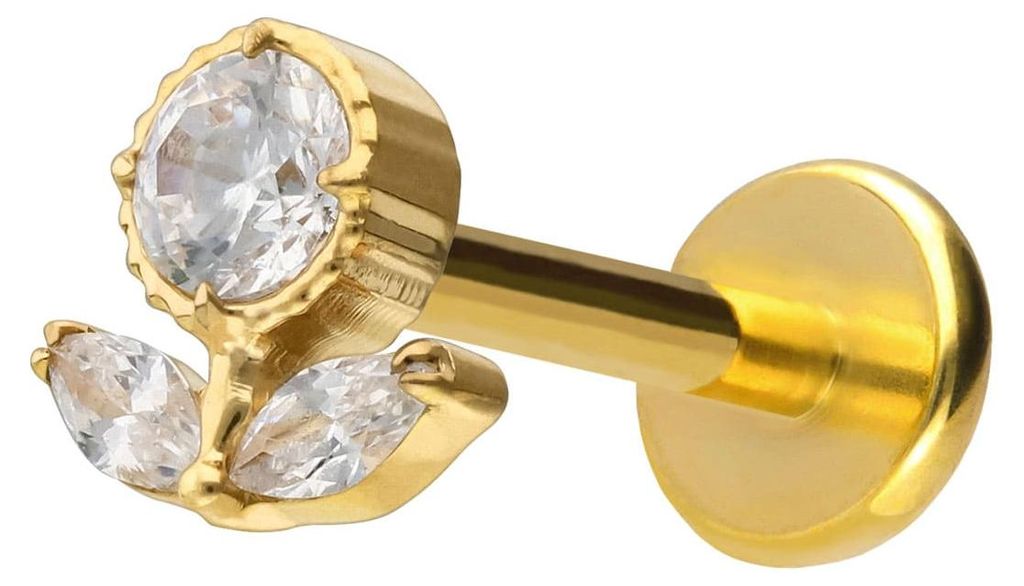 Ohrpiercing, Nasenpiercing Titan Labret mit Push Fit KRISTALLBLUME Gold Stablänge: 10mm | Stabstärke: 1mm