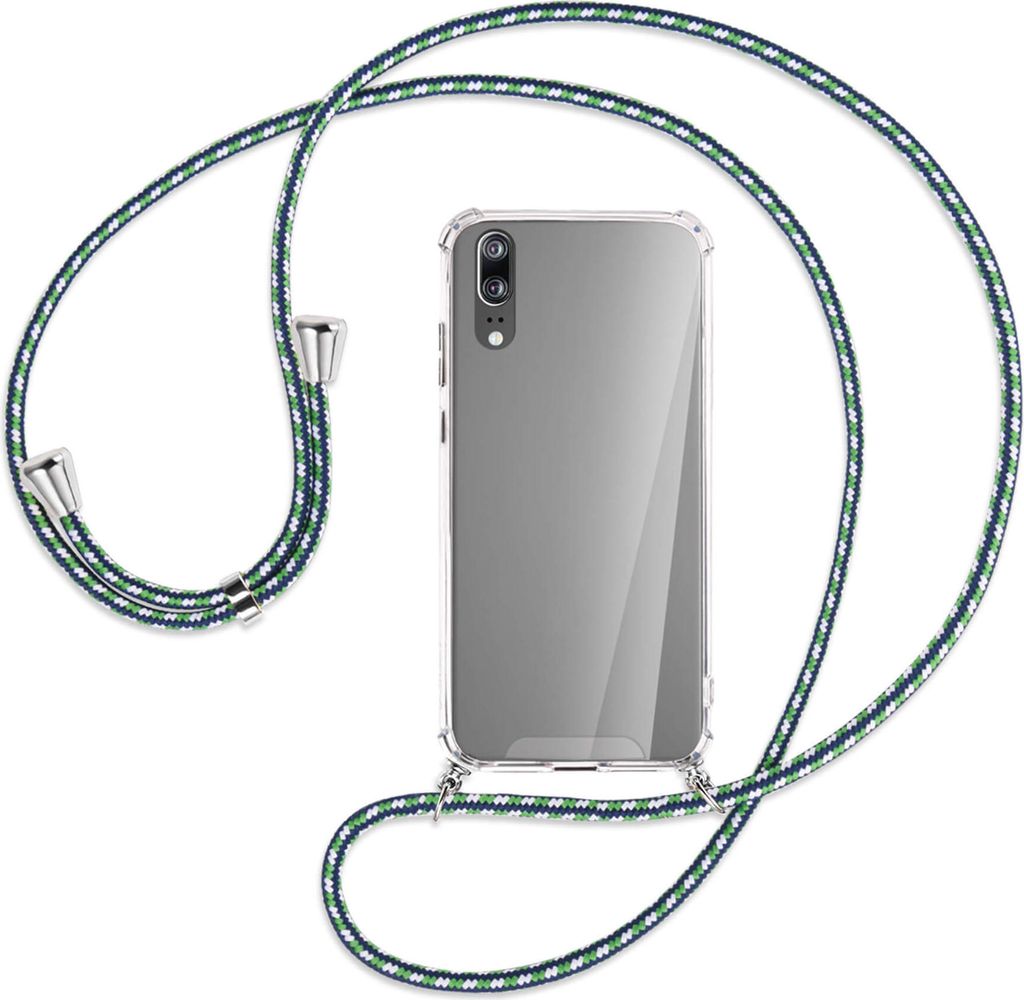 Handykette Backcover-Schutzhülle mit Band (Metall silberfarben) für Huawei P20 - grün/blau/weiß