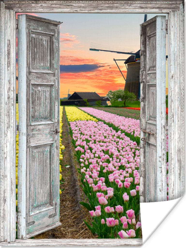 MuchoWow Poster Aussicht - Tulpen - Mühle - Abend 60x80 cm - Schlafzimmer Dekoration