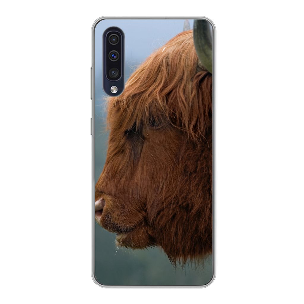 MuchoWow Handyhülle Schutzhülle Hülle für Samsung Galaxy A30s Schottische Highlander - Tiere - Nebel Silikon Softcase Handy Hülle - Kartenin...