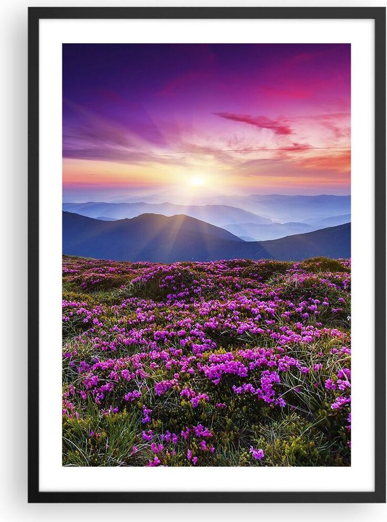 Gerahmtes Poster - Schwarzer Rahmen - Wiese Berg Himmel Landschaft - 50x70 cm - Wand Bild - Wanddeko - Wandbilder - Wandposter - Bilderrahmen - Bil...