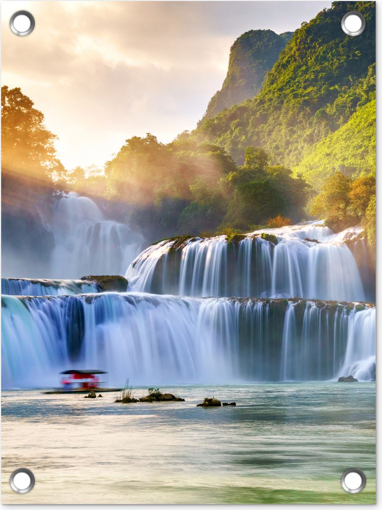 MuchoWow 30x40 cm Outdoor-Poster Gartendeko Sichtschutz Garten Poster für den Garten Wasserfall - Pflanzen - Sonne - Wasser - Natur