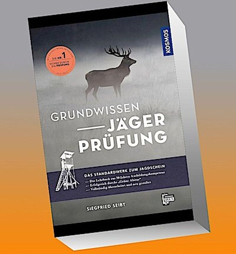 A book cover for "Grundwissen Jägerprüfung" is shown at an angle against a gradient background.