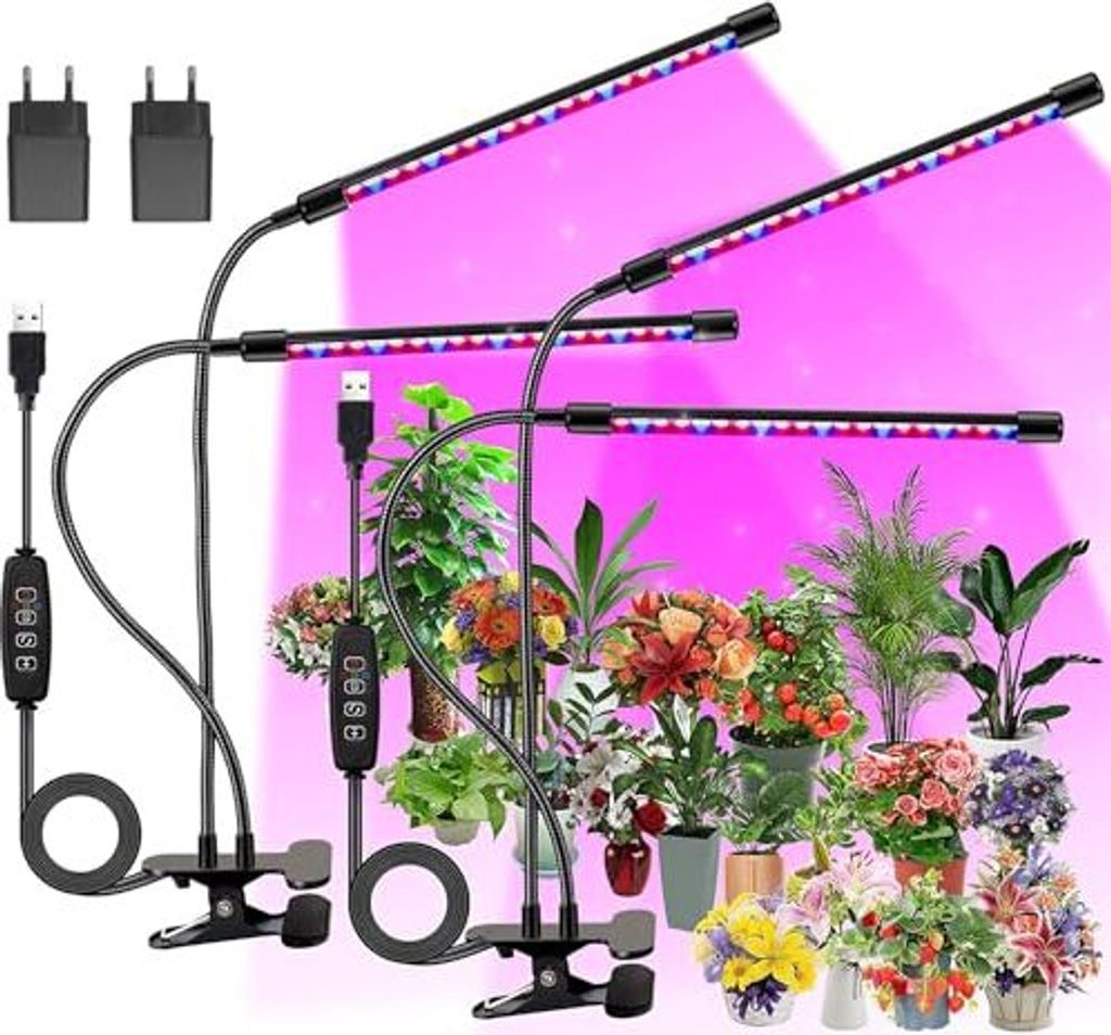 Fecida 2-Pack 2-Kopf-Pflanzenlampe LED, Vollspektrum-Wachstumspflanzen, 460 nm/660nm/3000k Light Innen in 5 Level, 3/6/12H Auto-Timer