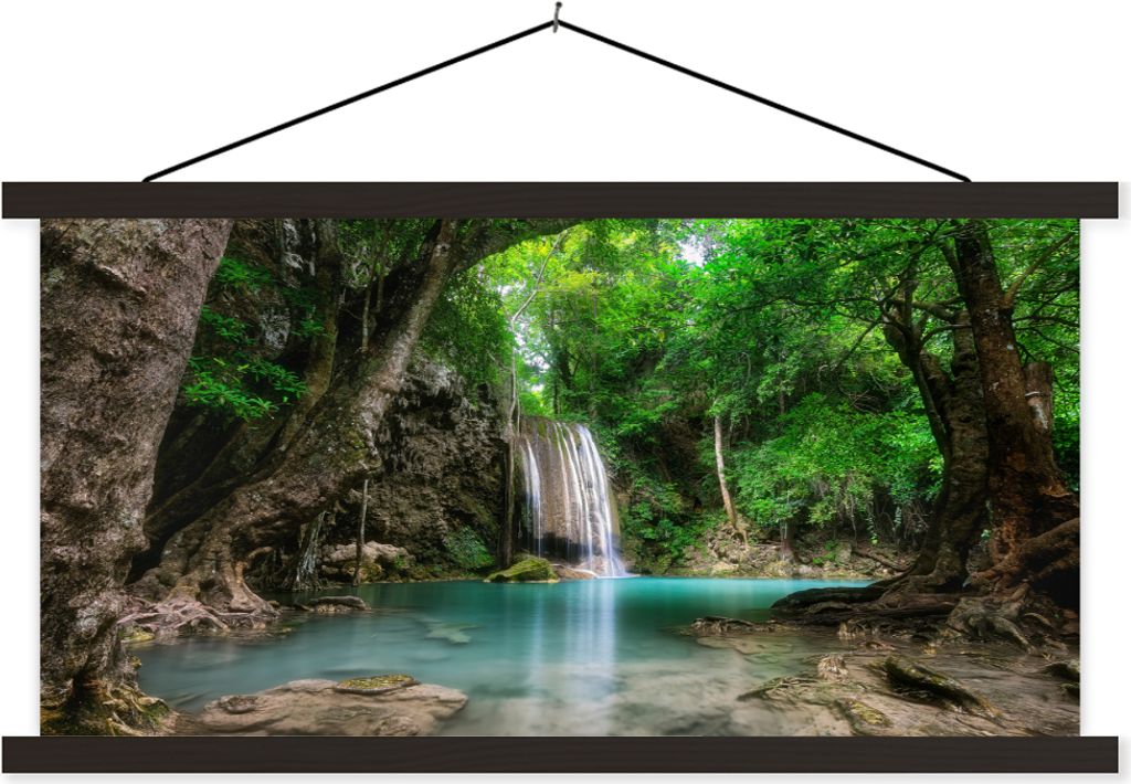 MuchoWow Textilposter Dschungel - Wasserfall - Pflanzen - Wasser - Natur 90x45 cm mit schwarzem Rahmen - Klemmleisten