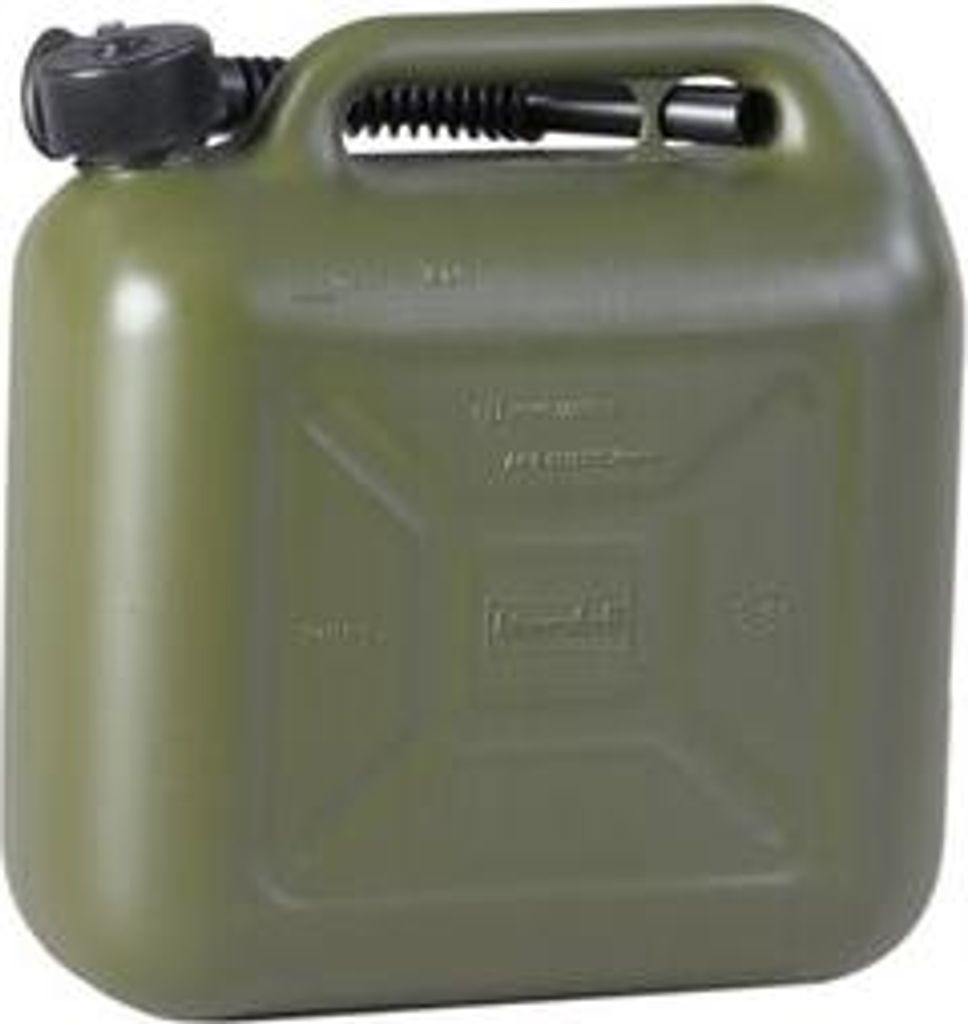 Kraftstoff-Kanister STANDARD 10 L, HDPE oliv, UN-Zulassung, schwarzes Zubehör,