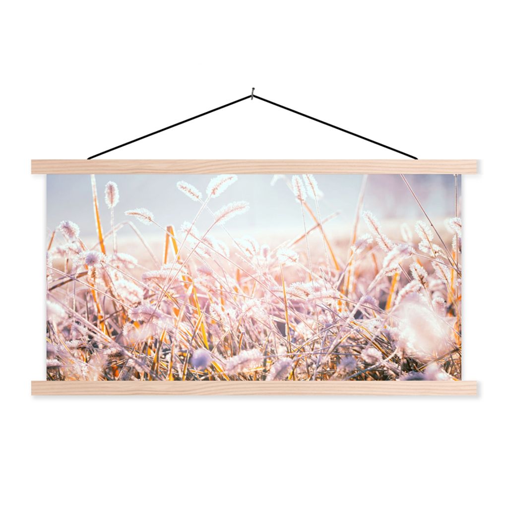 MuchoWow Textilposter Gras - Sonne - Winter - Schnee 120x60 cm mit holzfarbenen Rahmen - Klemmleiste