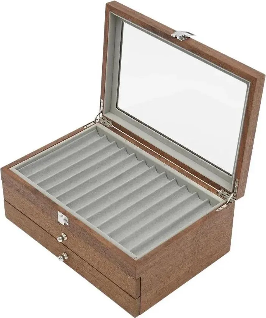 Boîte à crayons en bois marron avec 34 compartiments et couvercle verre