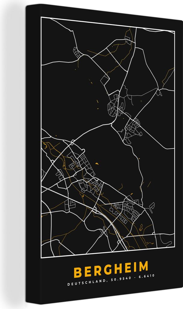 OneMillionCanvasses - Leinwandbilder - 90x140 cm, Deutschland - Schwarz und Gold - Bergheim - Stadtplan - Karte, Wandbilder Kunstdruck Wanddekora...