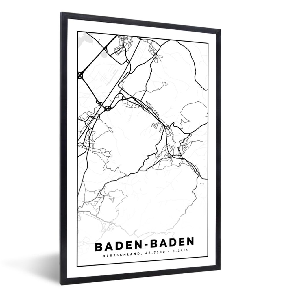MuchoWow Gerahmtes Poster Baden-Baden - Karte - Stadtplan 20x30 cm - Poster mit Schwarzem Bilderrahmen Wandposter Rahmen Foto Bilder - Drucken - ...