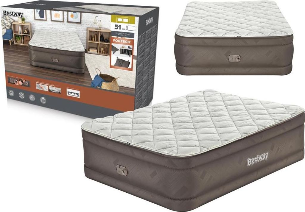 A collage of images showing a Bestway Fortech air mattress, its packaging, and a close-up of the mattress.