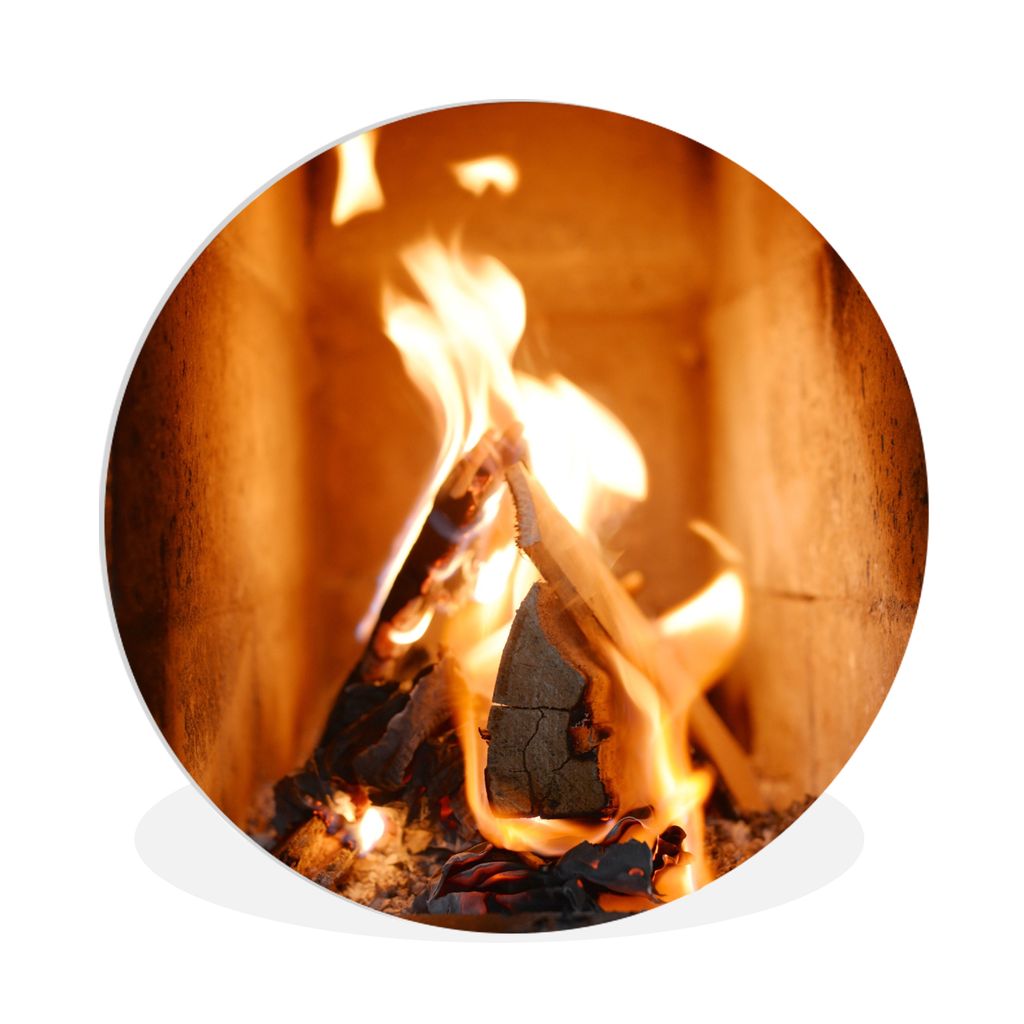 MuchoWow Rundes Wandbild - Runde Bilder Verbrennung von Holz in einem Kamin Ø 60 cm Kreis Wanddekoration Kunststoff - Wandkreis - Wandschmuck - ...