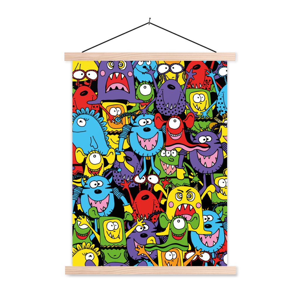 MuchoWow Textilposter Muster - Monster - Lustig - Abstrakt - Mädchen - Jungen 120x160 cm mit holzfarbenen Rahmen - Plakatkarton