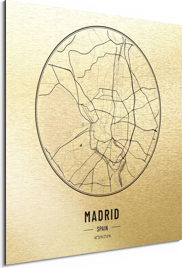 DEQORI Alu-Dibond Bild Gold 50x50 cm 'Stadtplan Madrid' Wandbild Metall dünn Design