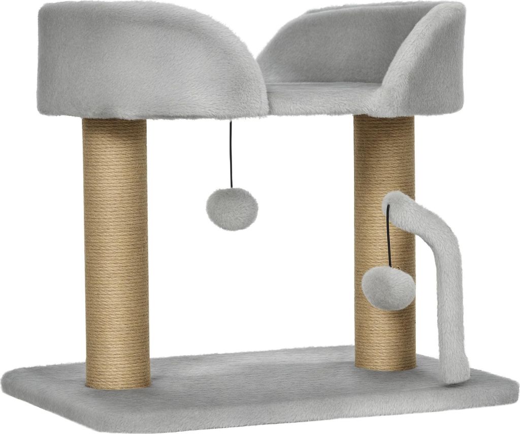 PawHut Katzenkratzbaum mit Spielzeug, 2 Hängebommeln, 2 Jutestämmen + Plüschplattform – 48 x 38 x 42 cm – Grau