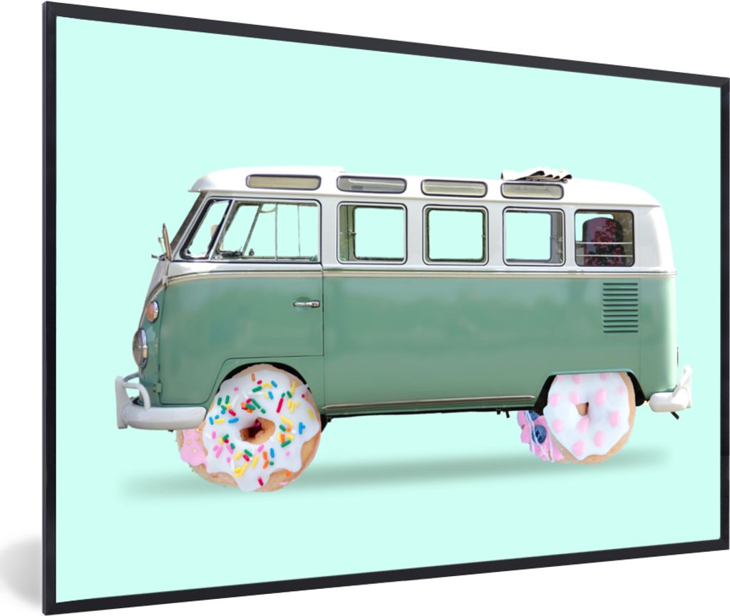 MuchoWow Gerahmtes Poster Donuts - Lieferwagen - Auto - Grün 30x20 cm - Poster mit Schwarzem Bilderrahmen Wandposter Rahmen Foto Bilder - Kunstd...