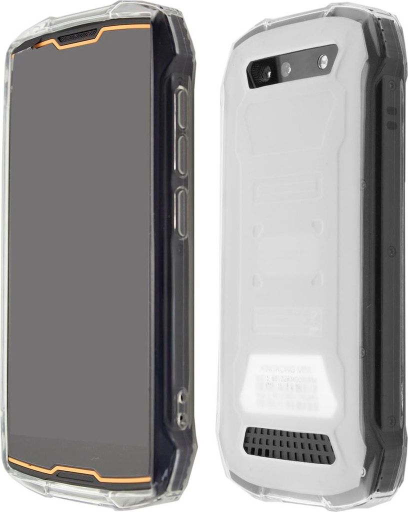 A transparent TPU protective case for a smartphone is shown from two angles.