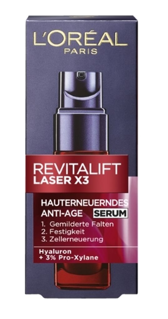 A product shot of a L'Oréal Paris Revitalift Laser X3 serum box.